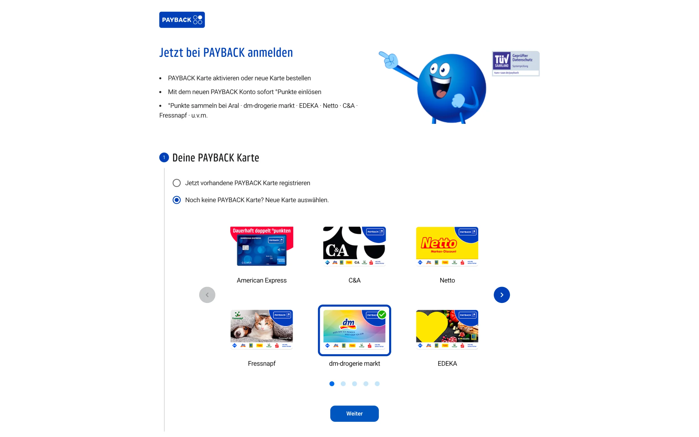 PAYBACK sign-up step where members pick a card and partners